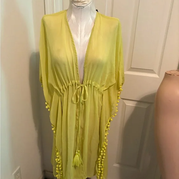 Nine West one size NWT $36 lime Sheer Kimono with Pom Pom Trim fun beach cover - Picture 9 of 11
